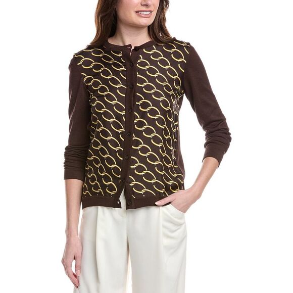 Oscar De La Renta Womens  Oscar Chain Silk Twill Cardigan, Brown - Picture 1 of 3